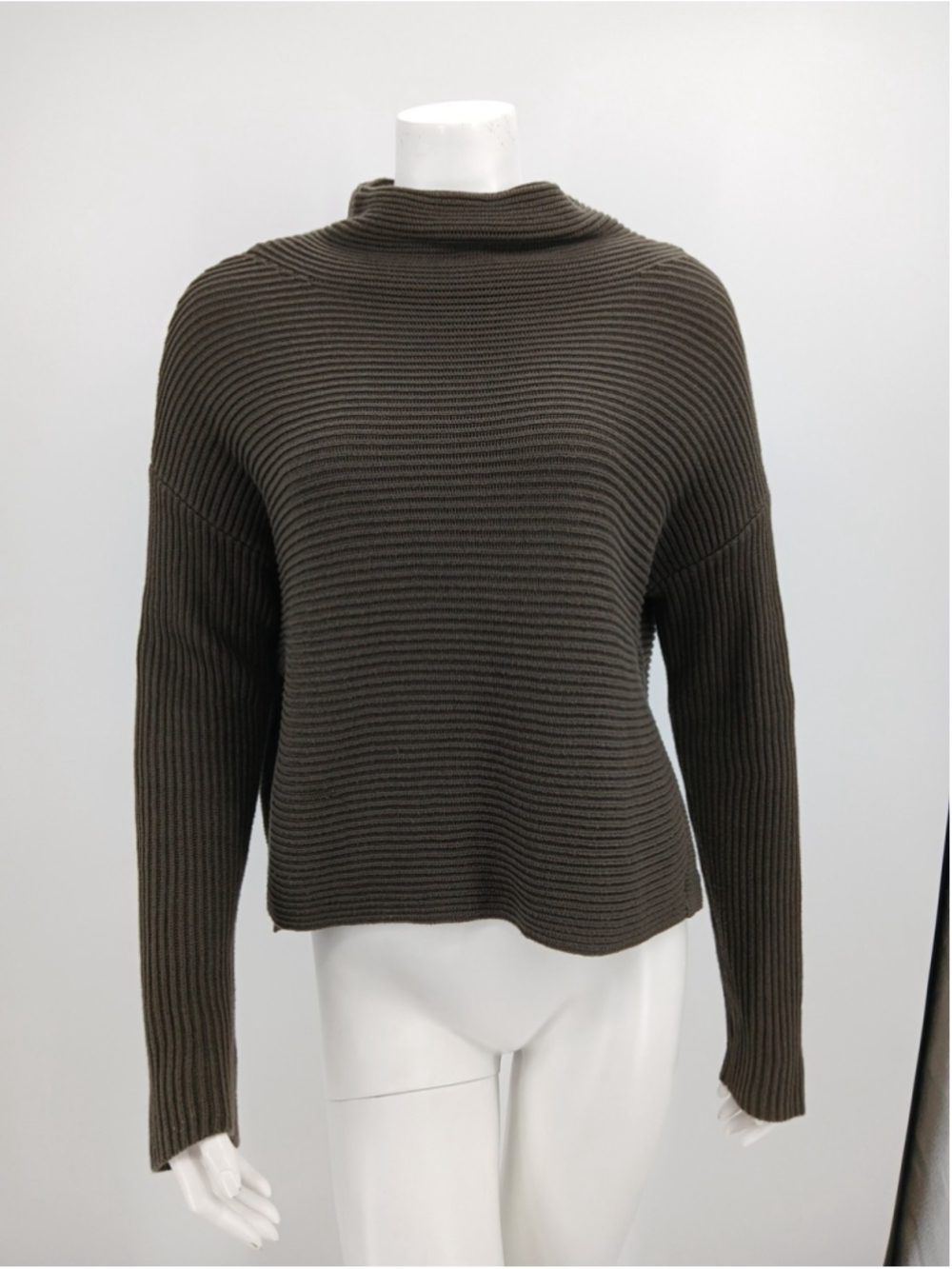 AllSaints Eloise Olive Green Funnel Neck Sweater XS Cotton Side Vents Ribbed